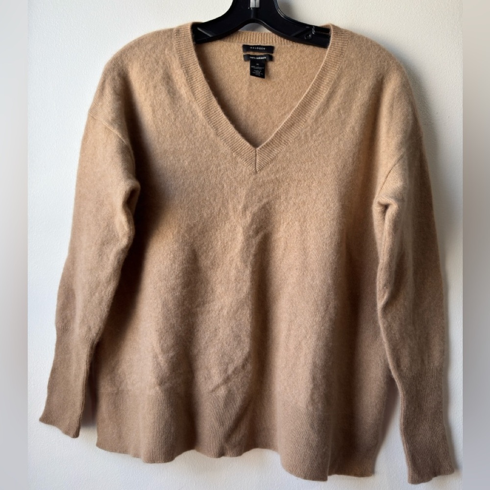 Halogen 100% Cashmere Camel V-Neck Sweater